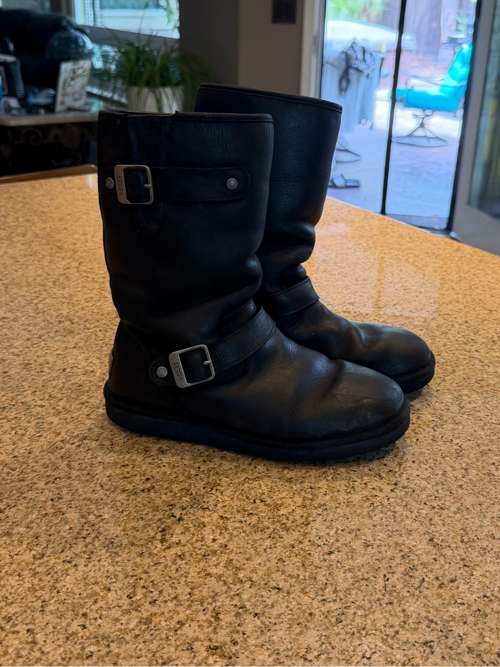 UGG Black Leather Mid-Calf Buckle Winter Boots